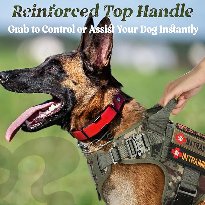 rabbitgoo Tactical Dog Harness for Large, Heavy Duty Pet Harness with Handle, No-Pull Service Vest Large Breed, Adjustable Military Dog Vest for Training Hunting Walking, Green Camo, L