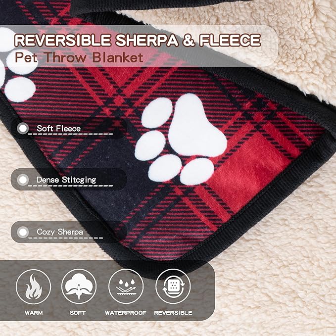 Waterproof Dog Blankets Pet Blanket 60"x80", Soft Fluffy Sofa Car Bed Protector, Reversible Sherpa Fleece Dog Blanket for Large Dogs Christmas Decor(Paw Red)