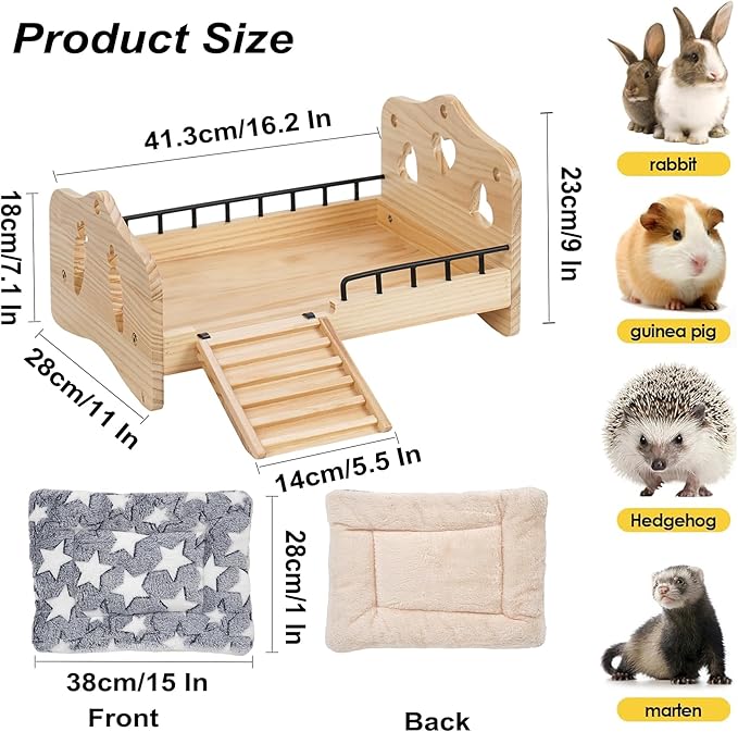 Wooden Rabbit Bed,Detachable Small Animal Bed,Wooden Guinea Pig Bed with Stairs and Washable Mat,Guinea Pig Toys for Rabbit Chinchillas Hamster Ferret(Small Rabbits & Bunny Only) 16.5 * 11 * 3.9inch