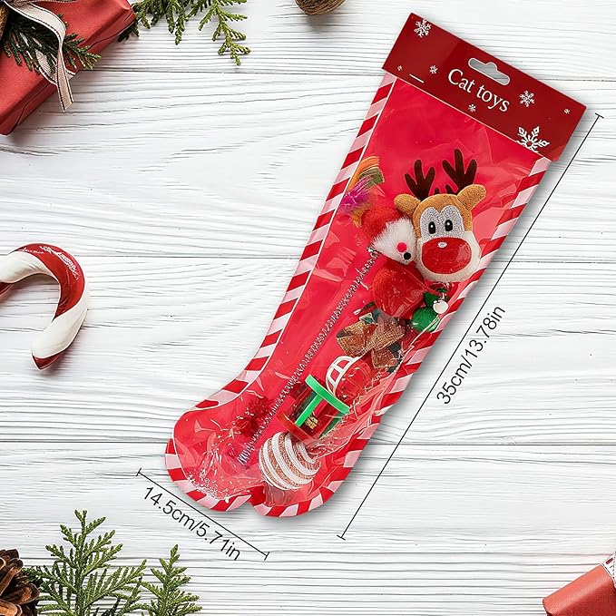8PCS Christmas Cat Toys, Cat Christmas Stocking Toy Set for Indoor Cats & Kittens, Includes Santa, Reindeer, Balls and Spring Toy, Interactive Cat Chew Toy, Holiday Fun and Active Play