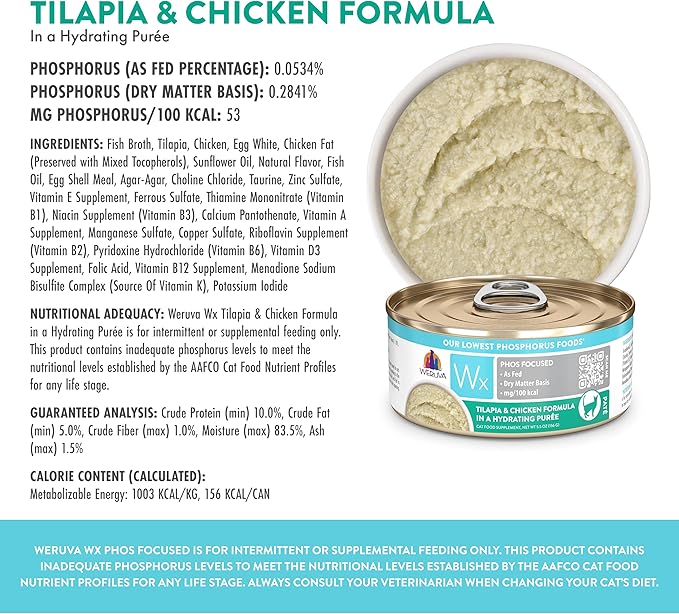 Weruva Wx Phos Focused Tilapia and Chicken Formula in a Hydrating Puree 5.5oz Can, Pack of 8