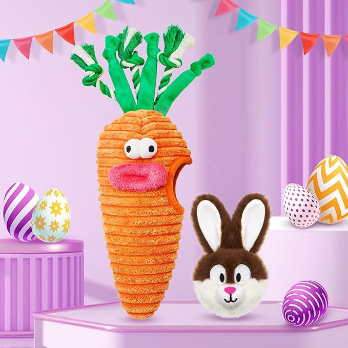 Easter Dog Toys, Hide and Seek Dog Toys, Squeaky Puzzle Dog Toy for Small and Medium Dogs, Interactive Cute Bunny and Carrot Easter Gift with Rope for Teething