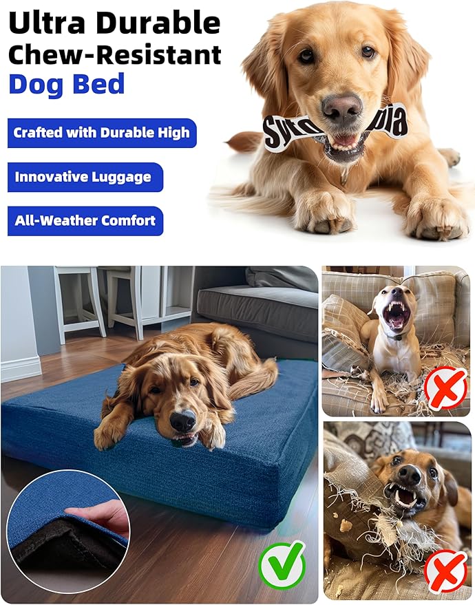 Sytopia 50'' Chew Proof Indestructible Dog Bed - XXL Outdoor Waterproof Dog Bed for Extra Large Dogs, Washable and Orthopedic, Tear Proof Crate Pad, Supports up to 130 lbs, Navy Blue