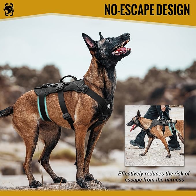 OneTigris Escape Proof Dog Harness, No Pull Dog Harness with Handles, Tactical Multi-Use Support Dogs Harnes for Large Dogs Everyday Wear Walking Hiking Training (Black, Large)