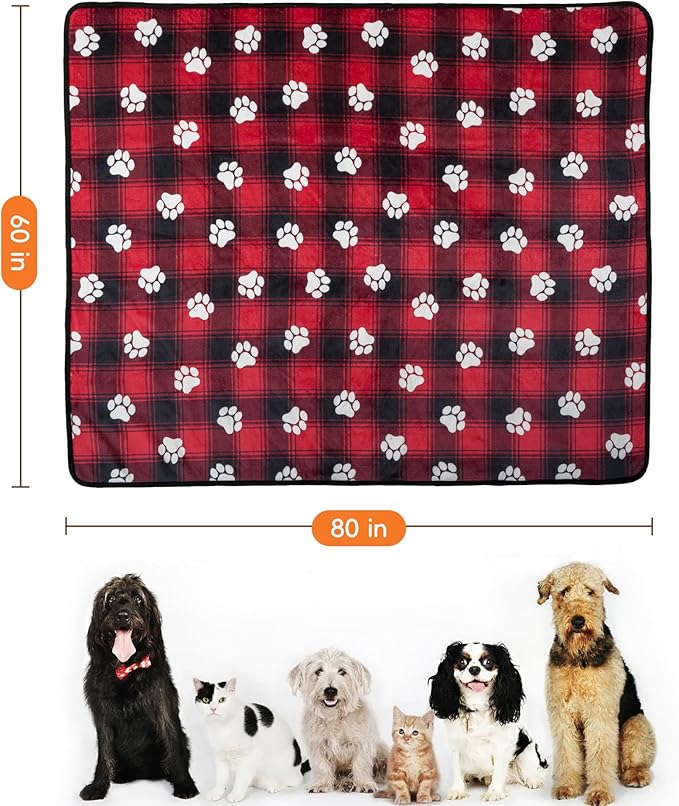 Waterproof Dog Blankets Pet Blanket 60"x80", Soft Fluffy Sofa Car Bed Protector, Reversible Sherpa Fleece Dog Blanket for Large Dogs Christmas Decor(Paw Red)