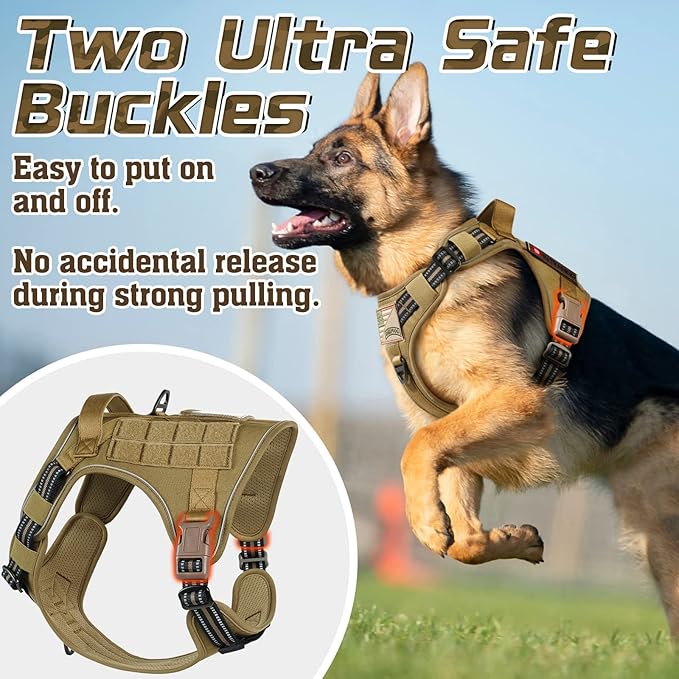 rabbitgoo Tactical Dog Harness for Large Dogs, No Pull Military Service Vest with Handle & Molle, Easy Control for Training Walking, Adjustable Reflective Straps, Brown, XL