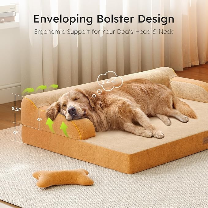 XL Plus Orthopedic Dog Bed, Big Dog Bed for Large Sized Dogs, Dual-Sided Pet Cooling Beds with Memory Foam Washable Cover Nonslip Bottom, Waterproof Pet Couch with Bolster, Brown