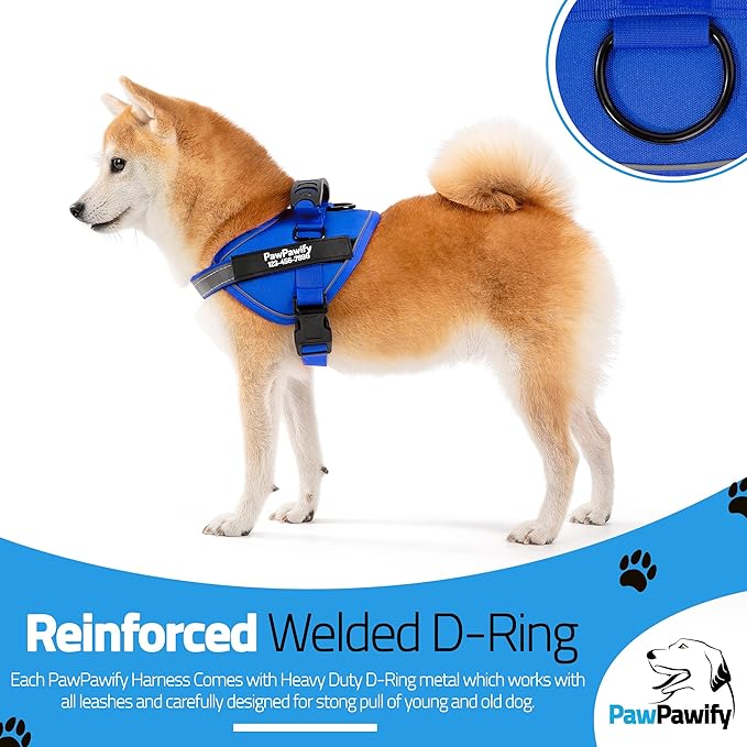 PawPawify Custom No Pull Dog Harness with Name and Phone Number, Heavy Duty Personalized Pet Vest to Prevent Tugging, Pulling, or Choking, Training and Walking (New Blue, S (10-19LBS))