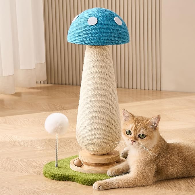 21.5โโ H Cat Scratching Post with Catnip,Cute Mushroom Cat Scratcher Post with Durable Natural Solid Wood Turntable Toy, Sky Blue Mushroom Shape Design Cat Toy Cat Sisal Scratcher for Indoor Cats