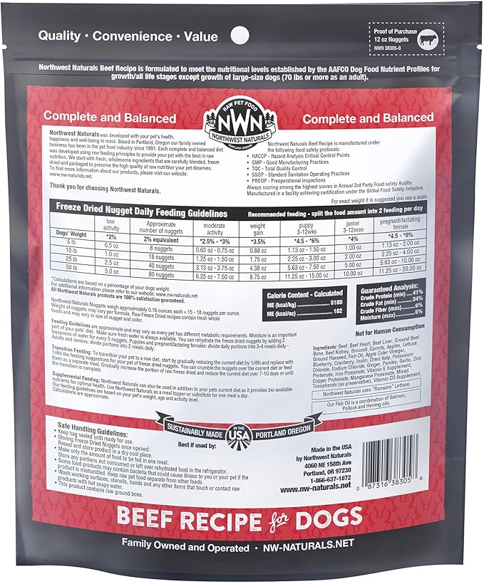 Northwest Naturals Freeze-Dried Beef Dog Food - Bite-Sized Pieces - Grain-Free, High-Protein, Raw Diet, Human-Grade, Limited Ingredients, All Natural, Nutrient-Dense, Healthy & Nutritious - 12 Oz
