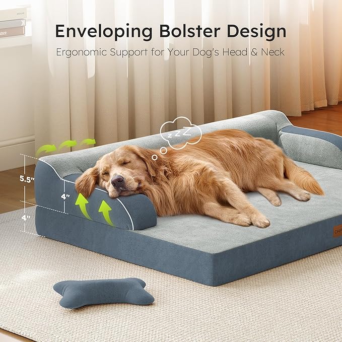 Large Orthopedic Dog Bed, Pet Bed Large Size Dog, Dual-Sided Cooling Beds with Memory Foam Washable Cover Nonslip Bottom, Waterproof Pet Beds with Bolsters, Dark Grey