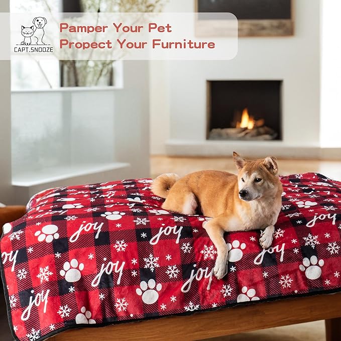 Waterproof Dog Blankets Pet Blanket 50"x60", Soft Fluffy Sofa Car Bed Protector, Reversible Sherpa Fleece Dog Blanket for Large Dogs Christmas Decor(Snow Red)