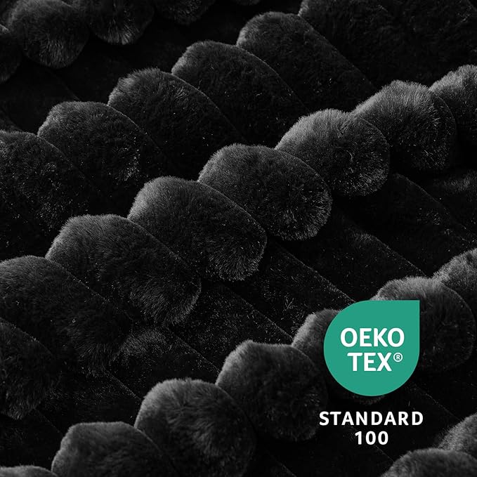 Amélie Home Faux Fur Throw Blanket for Couch, Cozy Fuzzy Fluffy Fur Luxurious Soft Striped Plush Gift Blankets for Family Sofa Chair Bedroom, 55"x70", Black