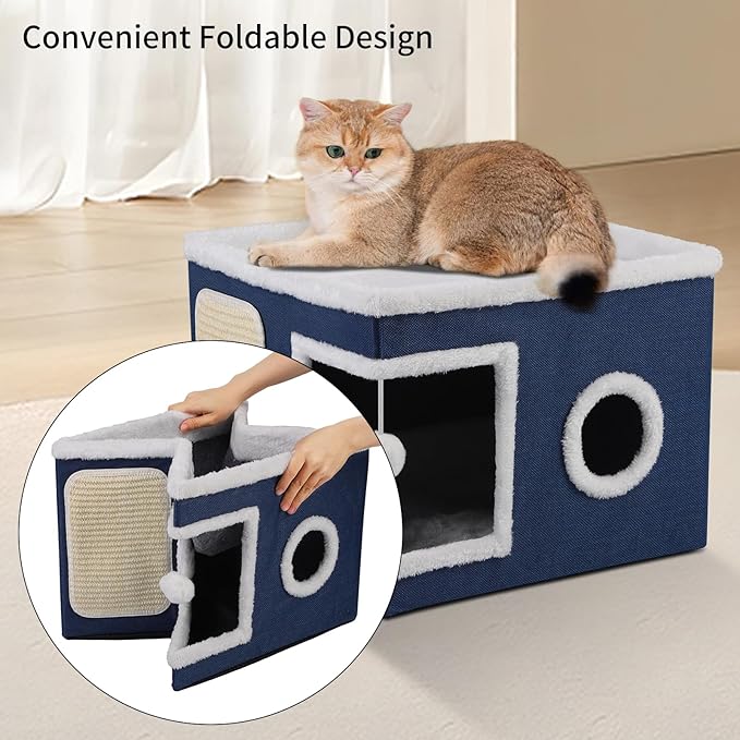 Shikha Cat Beds for Indoor Cats, Large Cat Cave with Cozy Condo, Fluffy Ball, Round Window, Foldable Indoor Cat House Hold Up to 30LBS, Cat Hideaway with Reversible Soft Cushions for All Seasons, Blue