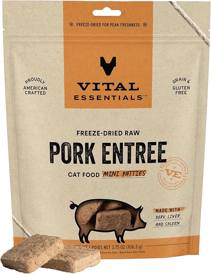 Vital Essentials Freeze Dried Raw Cat Food, Pork Mini Patties Entree, 3.75 oz