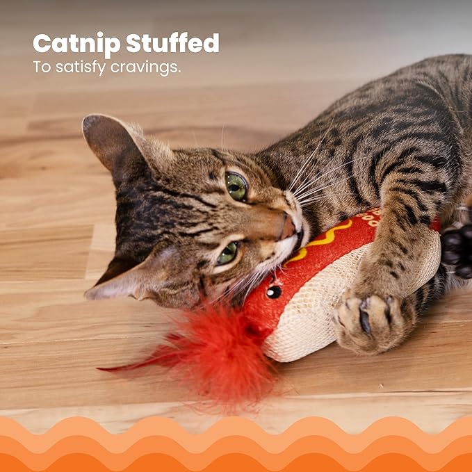 Catstages Hotdog Kicker Toy with Catnip and Dental Mesh, Hot Dog Shape, Plush and Feather Cat Toy for Kicking, Tossing, and Teeth Cleaning, Brown