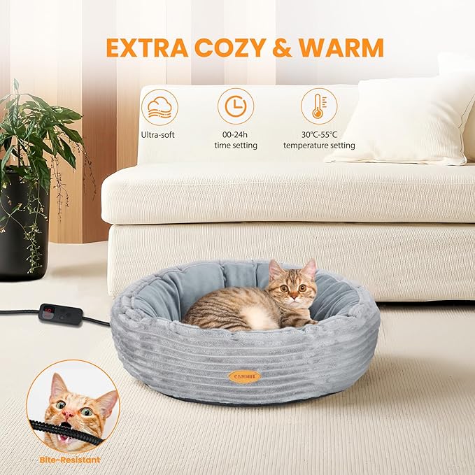 Heated Cat Bed for Indoor Cats, 20’’ Electric Cat Heated Bed Pet Warming Bed for Cats and Small Dogs, Washable Calming Round Donut Pet Bed with Heating Pad, Indoor Use