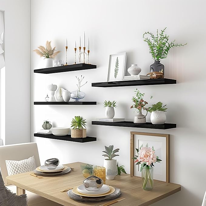 24 Inch Black Wood Floating Shelves for Wall Rustic Wall Shelf for Bedroom Living Room Set of 4