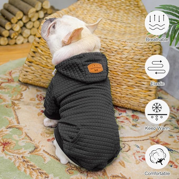 BEAUTYZOO Small Dog Hoodie Sweater with Pockets, Dog Clothes for Small Medium Dogs Boy Girl, Waffle-Like Laminated Cotton Pet Coats with Hat and Leash Hole, Black XL