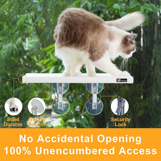 21" Large Cat Window Perch, Foldable & Cordless, Holds Up to 60lbs, Preassembled, 4 Extra Suction Cups, Sturdy Support, Textilene Bed, Easy Clean & Quick Dry - White