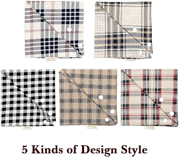 5PCS Dog Bandanas with Button - Thick Triangle Bibs Dual Layer Soft Cotton Scarves for Small Medium Boy Girl Puppy Cat Pet Baby Square Plaid Printing Washable Kerchief Halloween Costumes Outfits