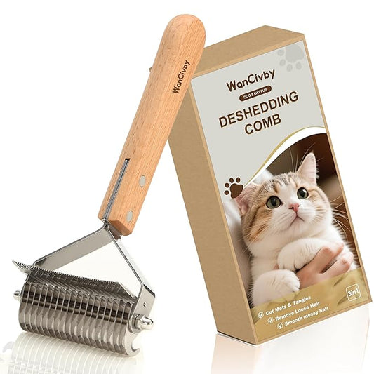 3-in-1Dematting & Deshedding Comb Undercoat Rake for Cats& Dogs,Detangling Matted Fur & Hair Remover Tool Pet Grooming Rake for Shedding and Dematting,Ergonomic beech wood handle (Square Handle)