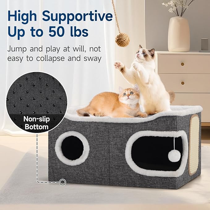 Shikha Cat Beds for Indoor Cats, Extra Wide Cat Cube House for Multi Cats, Foldable Cat Cave Hideaway with Arc-Edge Design & Oval Door, Reversible Cushion for All Seasons, 24"L x 17.7"D x 12.6"H, Grey