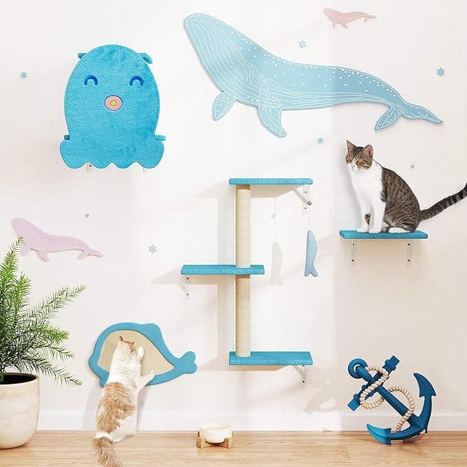 COZIWOW 4-Piece Wall-Mounted Cat Tree Set – Sturdy Wood Pet House, Scratching Board, Platforms, Sisal Posts & Blue Fish Charm – Ocean Blue