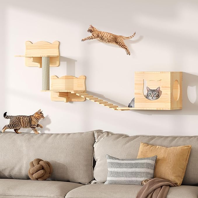 Wood Cat Wall Shelves, Cat Wall Furniture Solid Wooden Feline Shelf, 5 Piece Shelves and Perches with Bed, House, Steps, Bridge Ladder and Scratching Post