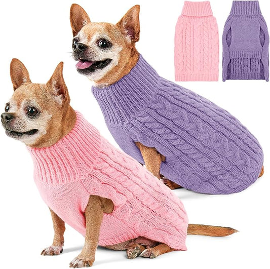 2 Pack Dog Sweaters for Small Dogs Turtleneck Pullover Cable Knit Puppy Stretch Clothes Chihuahua Yorkie Pomeranian Toy Poodle Boy Girl Pets Winter Doggie Clothes (S, Pink & Purple)