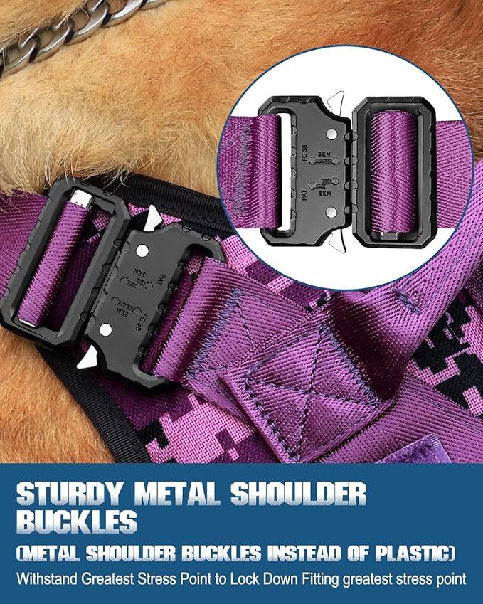 Tactical Dog Harness - PETNANNY Dog Harness Service Dog Vest for Large Breed Dog, Hook and Loop Panel for Service Dog Patchs, Work Dog MOLLE Vest with Handle for Walking Hiking Training(Purple Camo,L)
