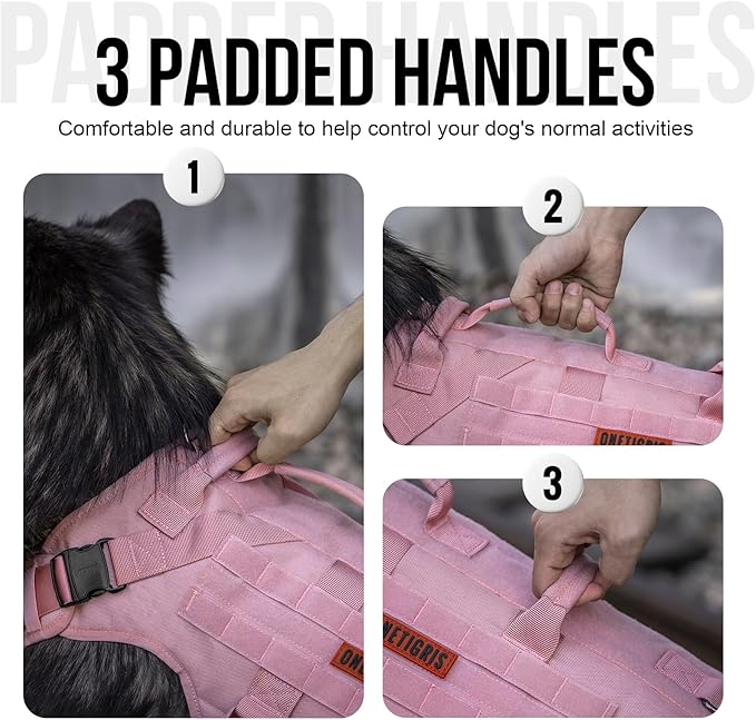OneTigris Large Tactical Dog Harness, No Pulling Adjustable Dog Vest Harness, Heavy Duty Dog Harness with Handle, Large Hook and Loop Panels for Patch(Pink,L