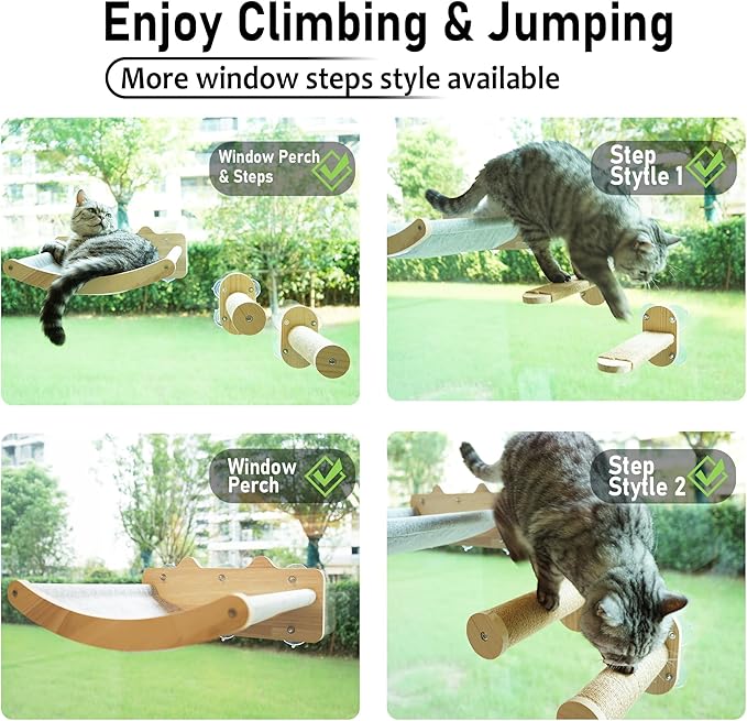 2-in-1 Cat Window Perch & Wall Shelves, Cozy Cat Window Hammock for Indoor Cats with 2 Pack of Sisal Window Shelf - Solid Wood Wall Mounted Furniture,for Sunbathing, Napping & Overlooking