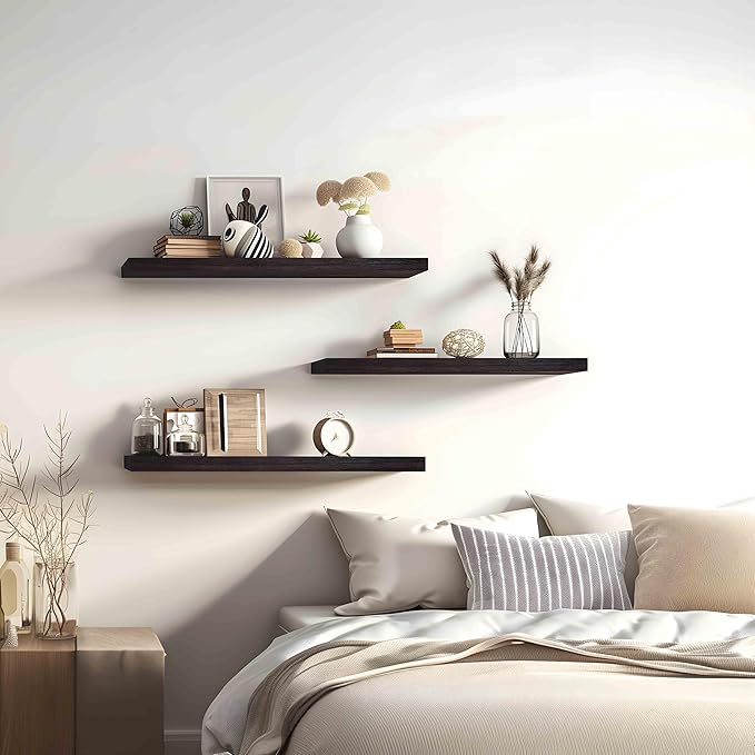 24 Inch Brown Wood Floating Shelves for Wall Rustic Wall Shelf for Bedroom Living Room Set of 4