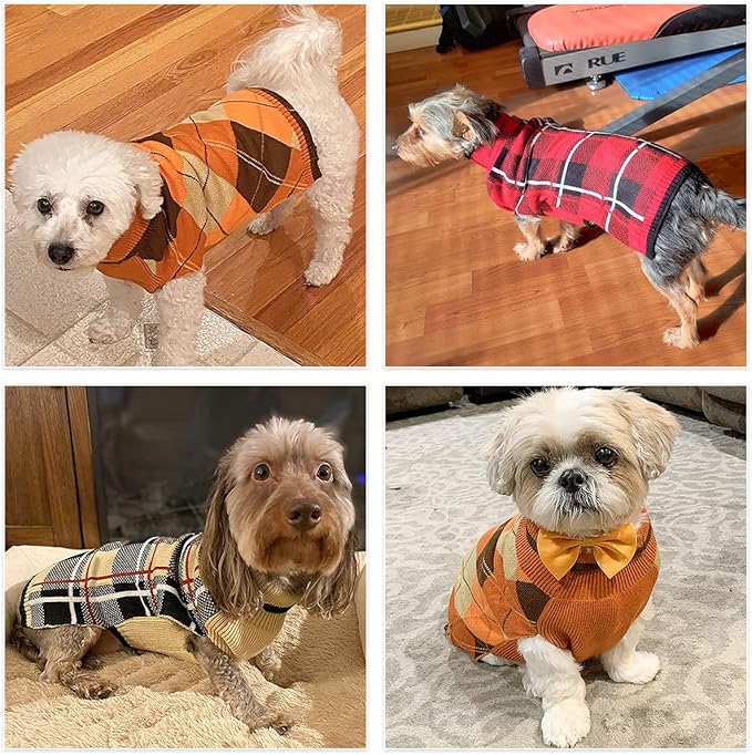 KOOLTAIL Fall Dog Sweater Pet Knitted Clothes - Thanksgiving Classic Plaid Pullover Turtleneck Dog Sweaters with Leash Hole, Thick Cold Weather Pet Outfits for Small Medium Large Dogs Cats Puppy, M