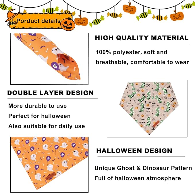 ADOGGYGO Halloween Dog Bandanas, Ghost Pumpkin Dinosaur Pet Scarf, Multi Size, Halloween Bandanas Costumes for Medium Large Dogs (Large)