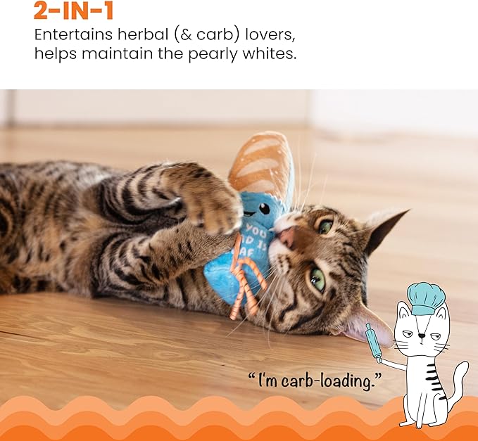 Catstages Loaf Kicker Toy with Catnip and Dental Mesh, Bread Shape, Plush and Ribbon Cat Toy for Kicking, Tossing, and Teeth Cleaning, Tan