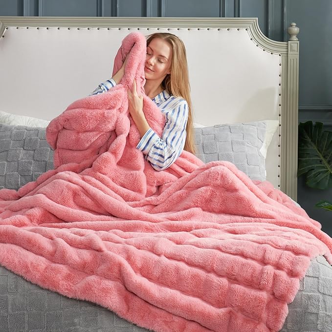 Cozy Bliss Faux Fur Throw Blanket for Couch, Cozy Warm Plush Striped Blanket for Sofa Bedroom Living Room, 60 * 80 Inches Pink