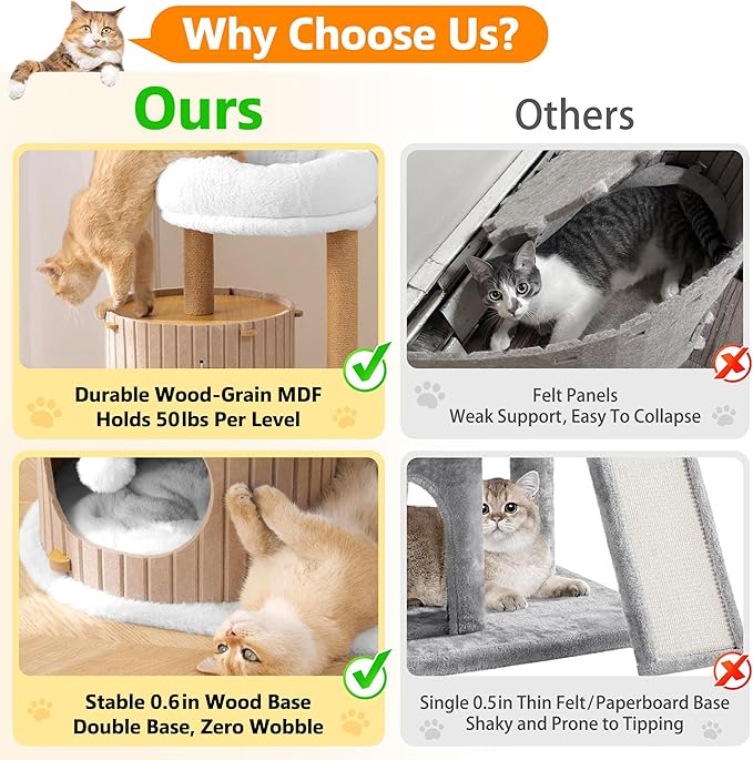 Modern Cat Tree for Indoor Cats Large Adult, 36in H Cat Condo Tower with Scratching Posts, Cozy Cat Bed Cave, Washable Cushions, Dangling Balls, Play&Nap Structure for All Breeds of Cats, Brown