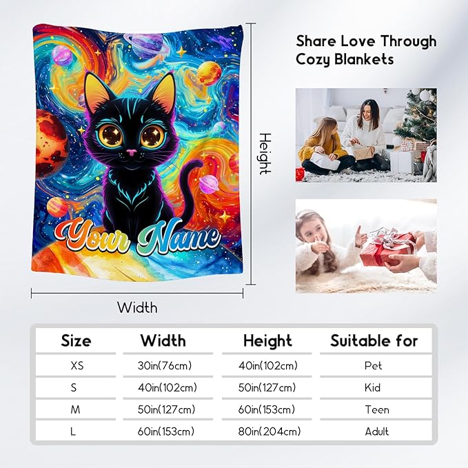 Cat Blankets for Cat Lovers - Personalized Girls Blanket for Toddler/Kids/Women - Lightweight Planet Throws Gifts for Office Couch, Room