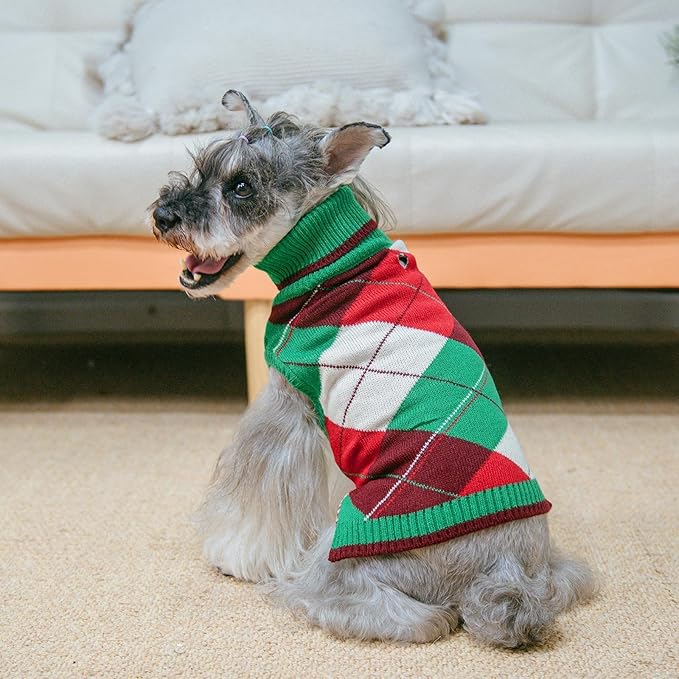 KOOLTAIL Dog Sweaters - Knitted Plaid Turtleneck Fleece with Leash Hole, Warm Clothing for Small, Medium & Large Dogs & Cats