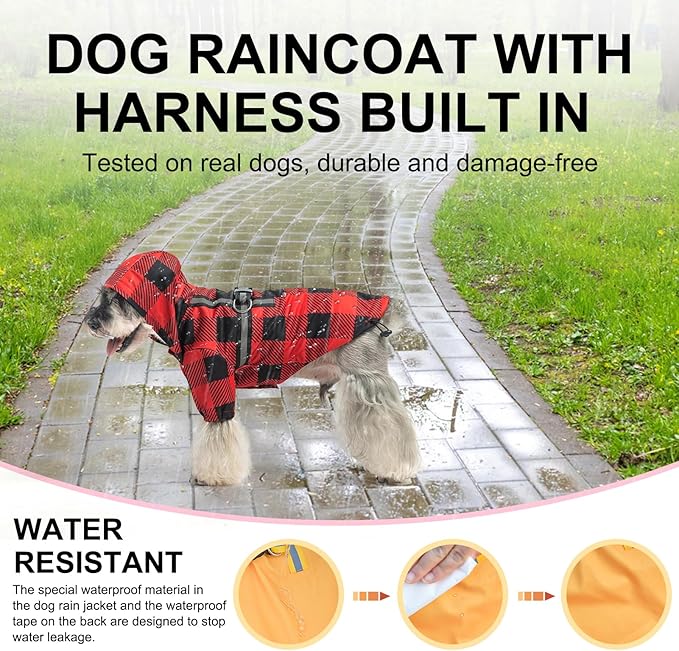 BEAUTYZOO Hooded Dog Raincoat with Built-in Harness, Jacket Poncho, Waterproof Winter Coat - Buffalo Red, XS