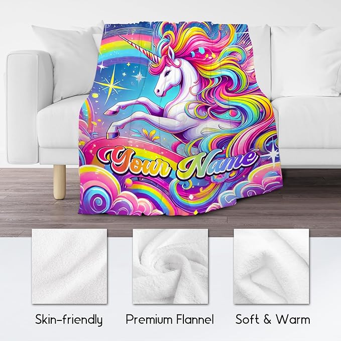 Unicorn Blankets - Personalized Kids Blanket Gifts for Girls - Flannel Soft Cute Throws for Room Decor, Couch,Office - 4 Sizes