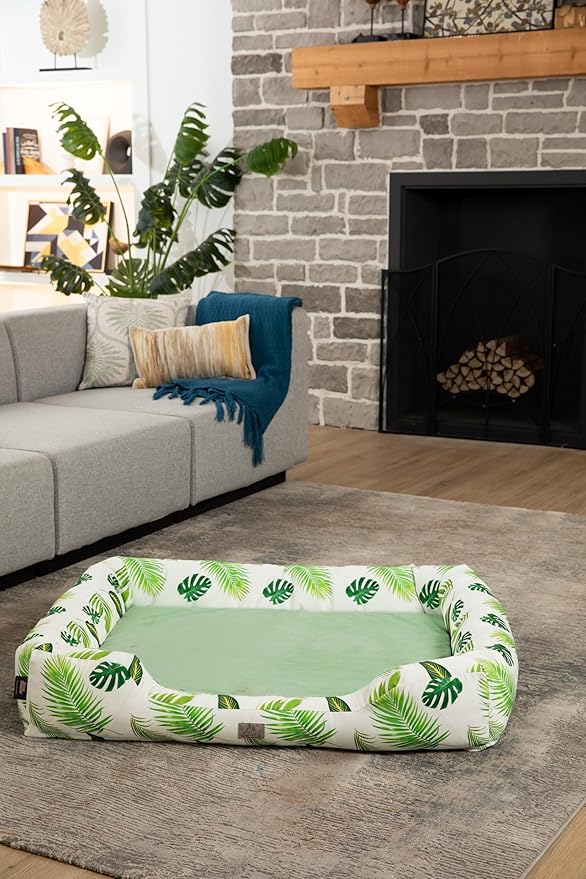 Furry's Paradise Foam Cuddler Waterproof Bolster Pet Bed with Reversible Cushion, Recycled Fibers and Non-Slip Bottom. (in The Tropics, Orthopedic Large)