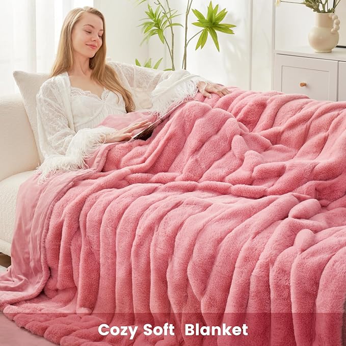 Cozy Bliss Faux Fur Throw Blanket for Couch, Cozy Warm Plush Striped Blanket for Sofa Bedroom Living Room, 50 * 60 Inches Pink