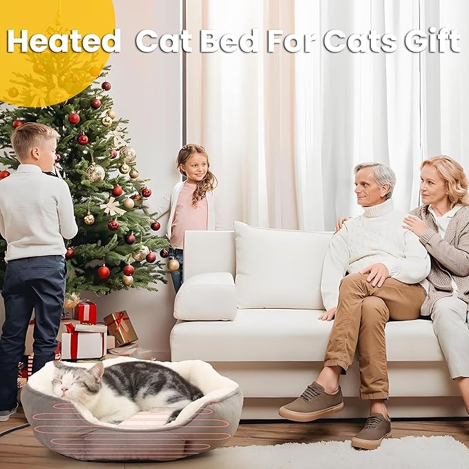Heated Cat Bed Indoor for Cats & Small Dogs - Winter Warm Plush Round Pets Heating Bed, Ultra-Soft Velvet & Cotton Thermal Heated Dogs Bed for Cold Weather, Overheat Protection for Pets (20x20 Inch)
