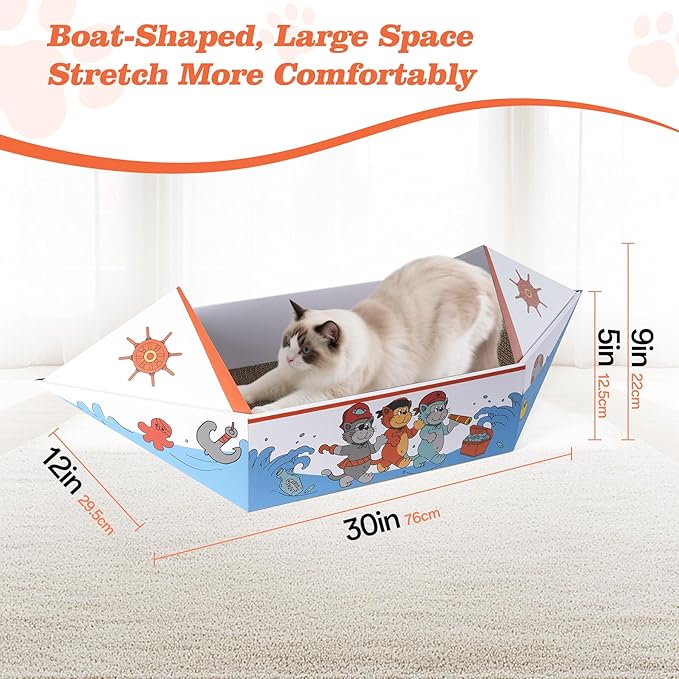 Cat Scratcher Boat with 5 Pack Cardboard Scratch Pad, 30" Extra Long Cat Scratch Box for Indoor Cats, Heavy Duty and Double-Sided Scratching Board