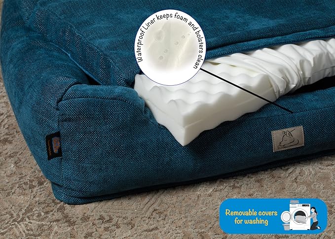 Furry's Paradise Foam Cuddler Waterproof Bolster Pet Bed with Reversible Cushion, Recycled Fibers and Non-Slip Bottom. (Deeper Waters, Orthopedic Small)