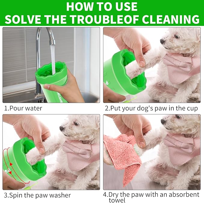 Comotech Portable Pet Paw Washer - Silicone Brush with 3 Absorbent Towels for Small Dog Breeds (Green)
