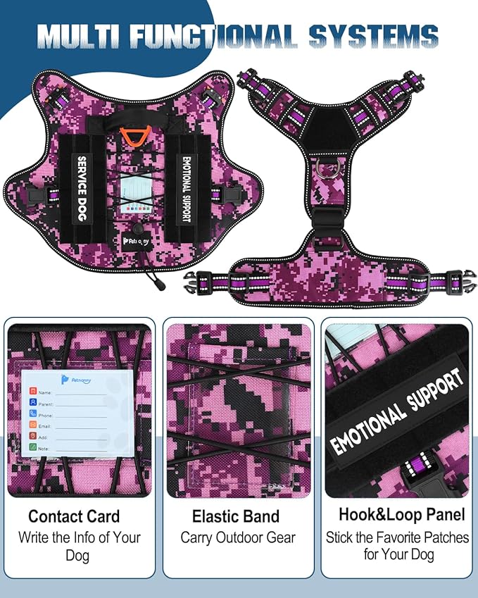 PETNANNY Tactical Dog Harness Reflective with ID Card,Service Dog Vest Harness for Medium Large Dogs,Emotional Support Vest with Padded Handle,2 Reflective Patches for Training Hunting(Purple Camo,XL)